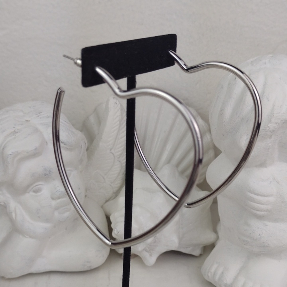 Silver Tone Oversized High Quality Heart Hoop Earrings